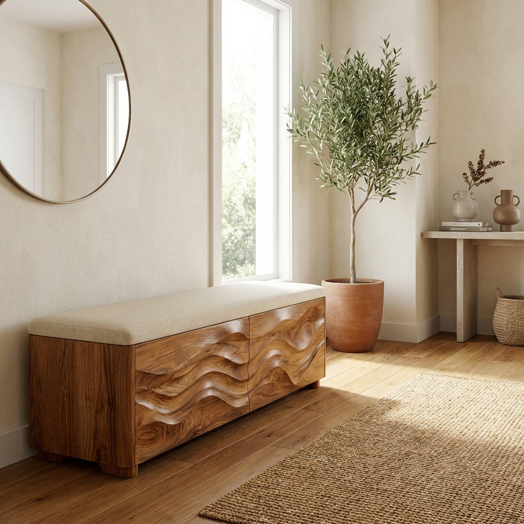 Organic Natural Wood Storage Bench For End Of Bed