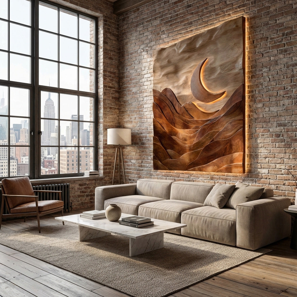 Large Crescent Moon Wood Wall Art For Living Room