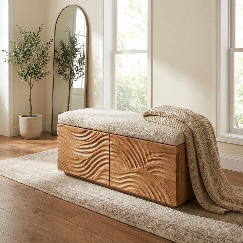 Mid Century Natural Wood Storage Bench For Bedroom Storage