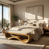 Minimalist Wood Bench With Flowing Base For Living Room Seating