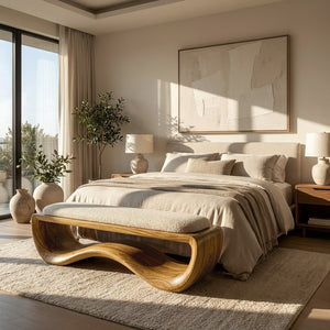 Minimalist Wood Bench With Flowing Base For Living Room Seating