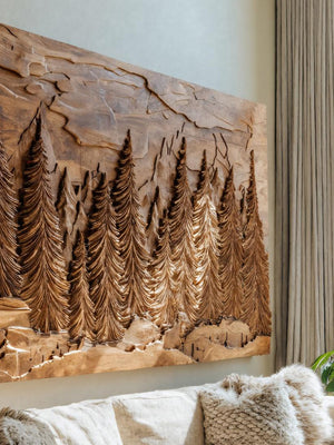 Hand Carved Wall Art With Forest Landscape For Living Room