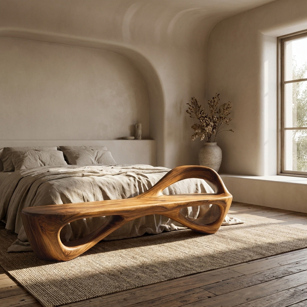 Handcrafted Sculptural Wooden Bench For Living Room Space
