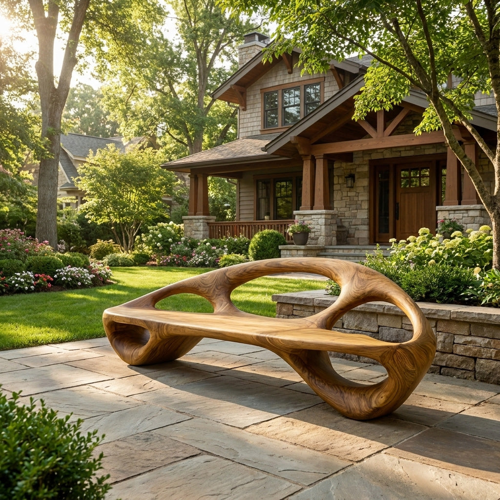 Minimalist Wood Bench With Sculptural Backrest For Living Room