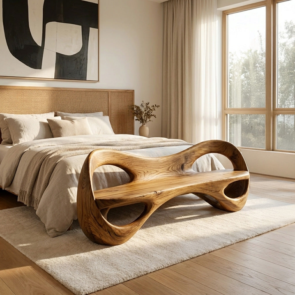 Modern Sculptural Natural Wood Curved Bench For Living Room