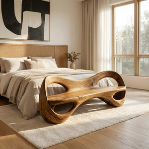 Modern Sculptural Natural Wood Curved Bench For Living Room