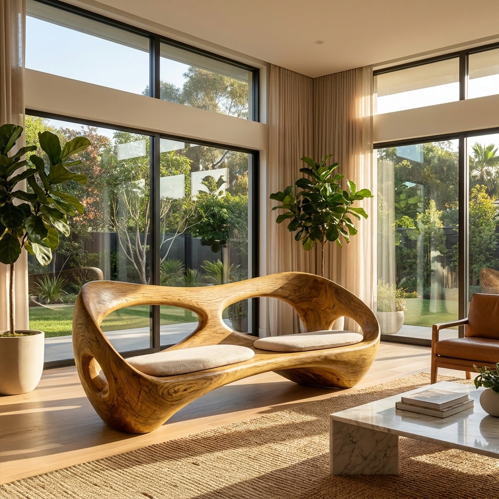 Organic Wooden Bench With Rounded Edges For Living Room