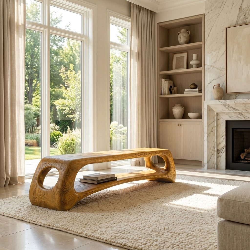 Minimal Natural Wood Gallery Bench For Living Room