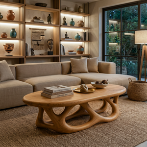 Luxury Oval Coffee Table With Interlocking Sculptural Base For Living