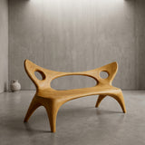 Artistic Wood Bench With Sculptural Backrest For Living Room