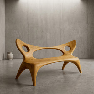 Artistic Wood Bench With Sculptural Backrest For Living Room