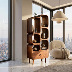 Modern Wood Bookshelf With Open Compartments For Living Decor