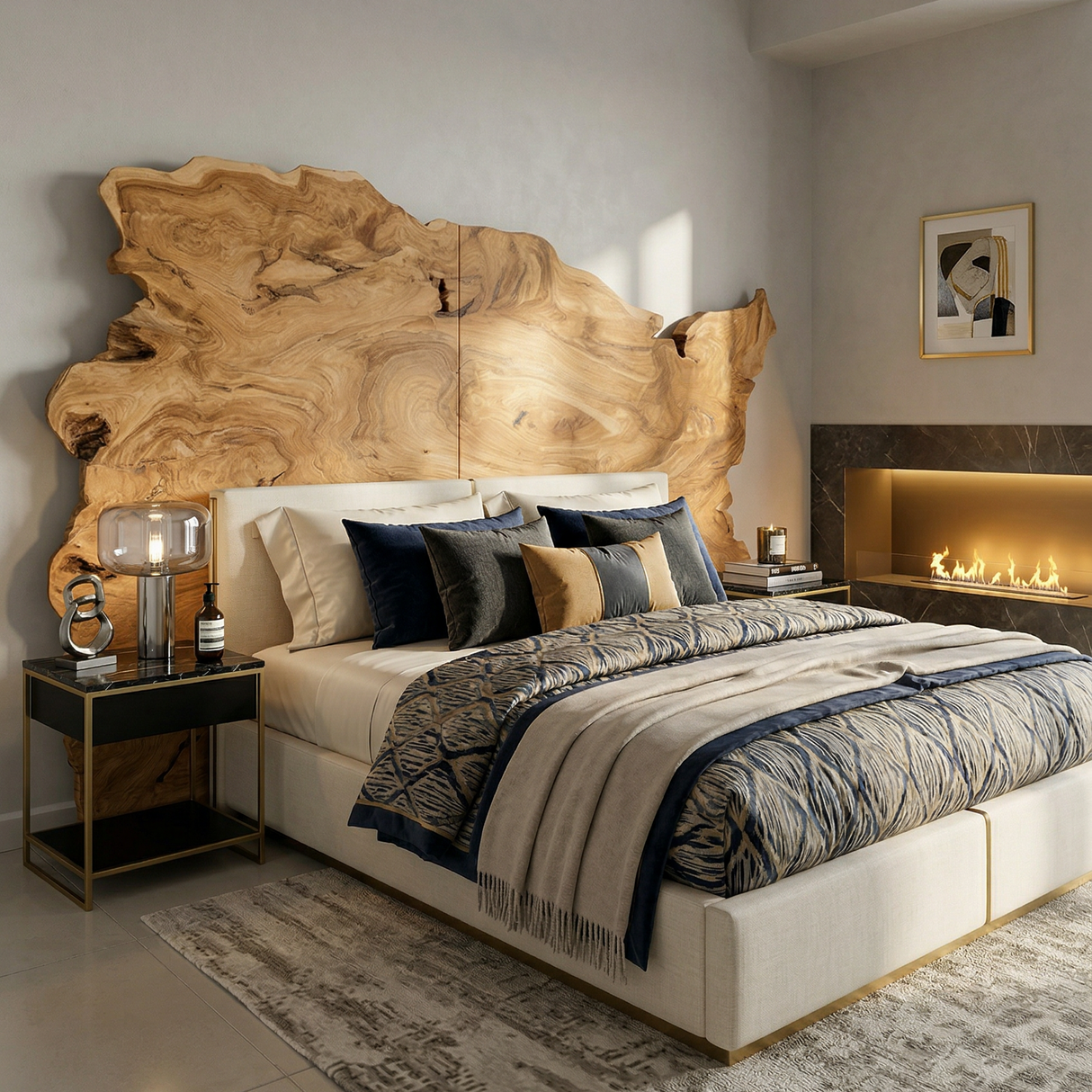 Organic Natural Wood Headboard For Minimalist Japandi Bedroom Design