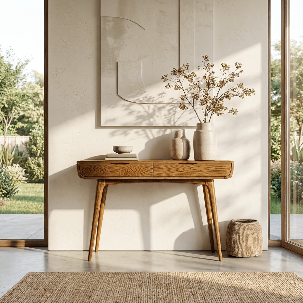 Mid Century Natural Wood Console Table For Hallway Decor