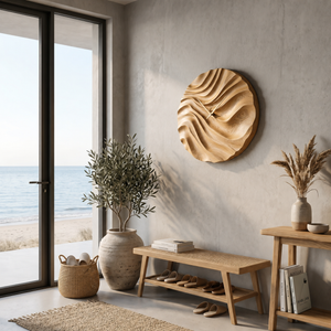 Organic Wood Wall Clock With Flowing Wave For Bedroom Interior