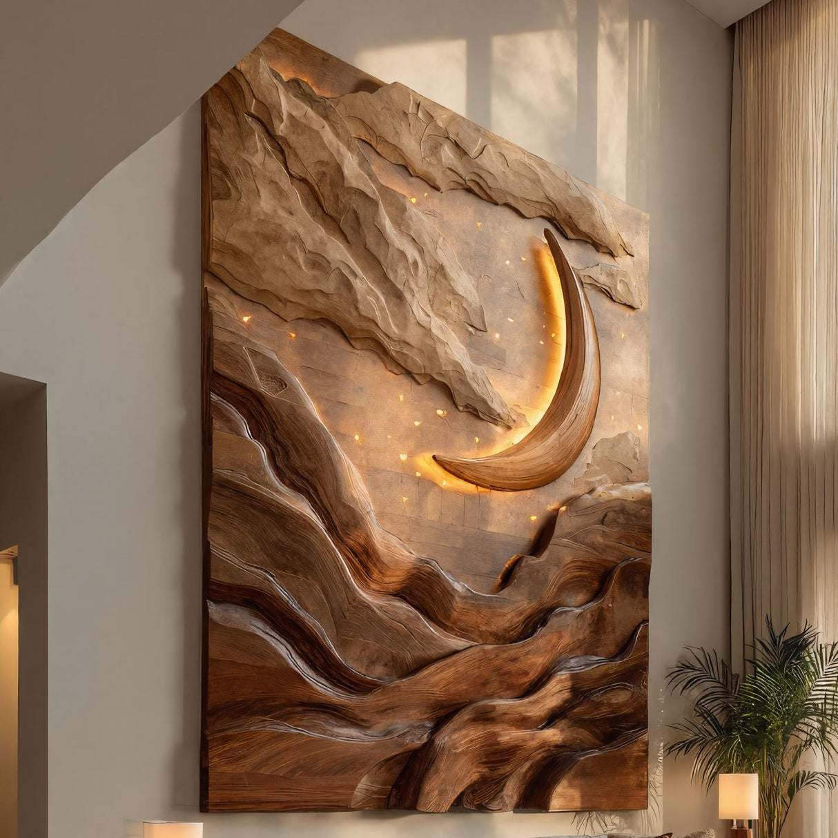 Crescent Moon Mountain Wood Wall Art For Living Decor