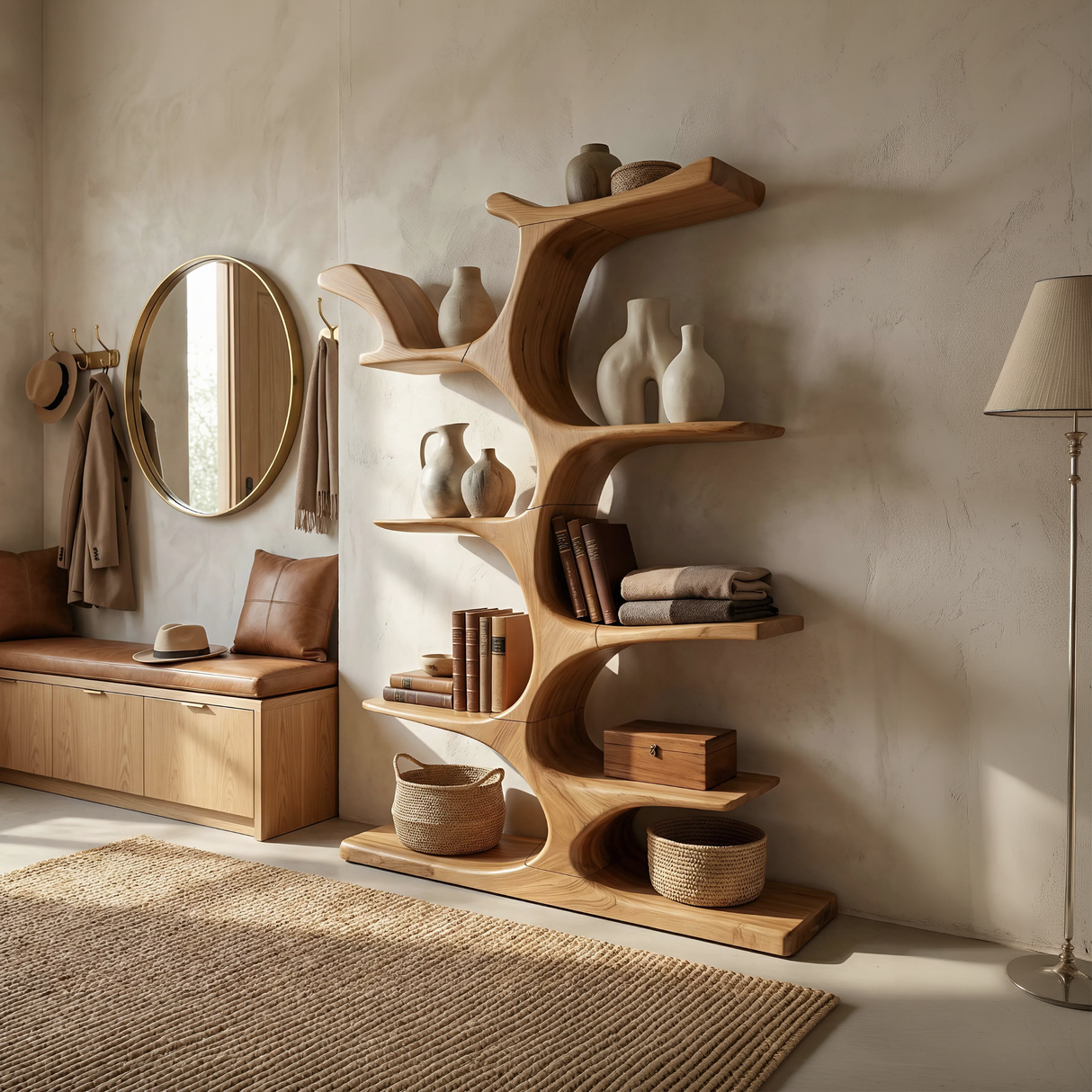 Mid Century Sculptural Bookcase Storage Organizer For Bedroom Space