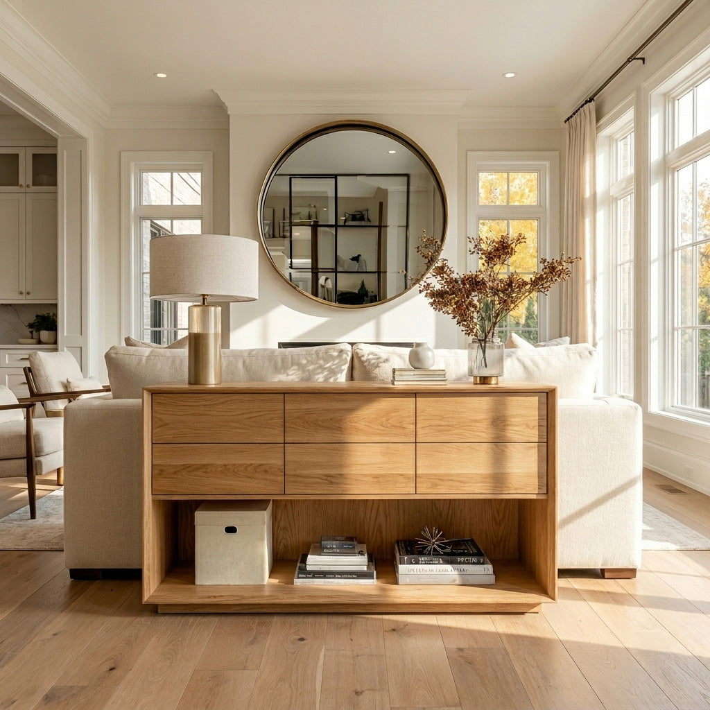 Minimal Wood Console Table With Multi Drawer For Entry Space