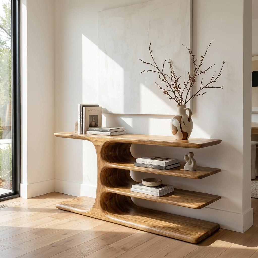Organic Wooden Console Table With Layered Shelving For Hallway