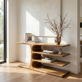 Organic Wooden Console Table With Layered Shelving For Hallway