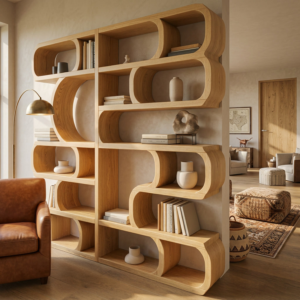 Modern Sculptural Bookshelf With Symmetrical Curves For Living Room Or Office