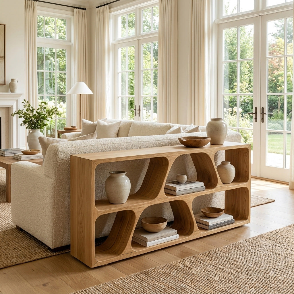 Organic Wood Console Table With Multiple Storage Compartments For Living