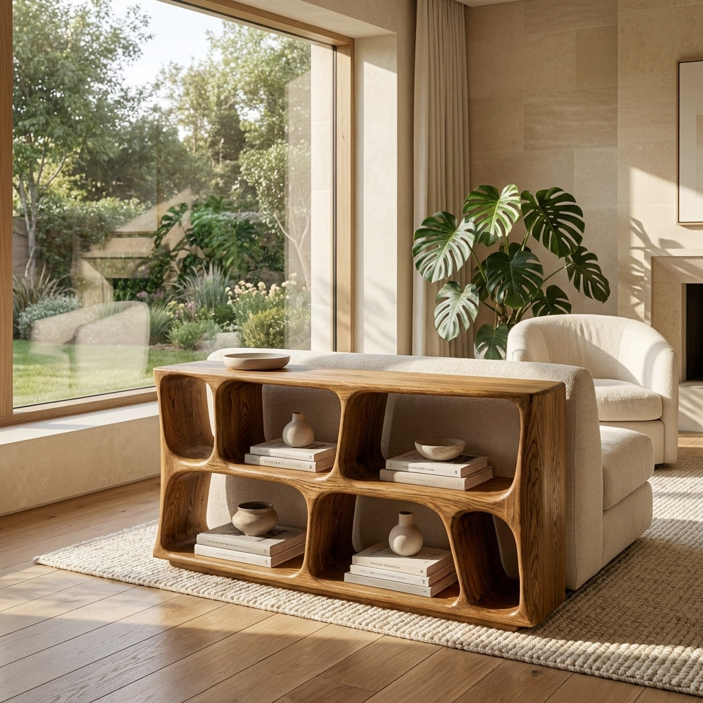 Minimalist Sculptural Wood Console Table For Living Room