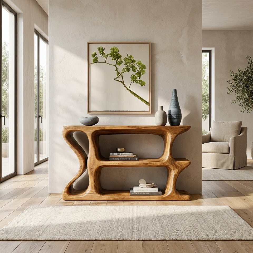 Organic Sculptural Wooden Console Table For Cozy Living Room