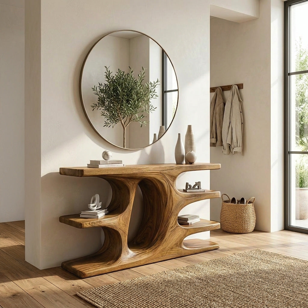 Contemporary Wooden Console Table With Shelf For Living Room