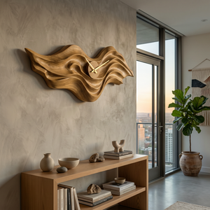 Organic Wood Wall Clock With Wave Sculpture For Living Interior