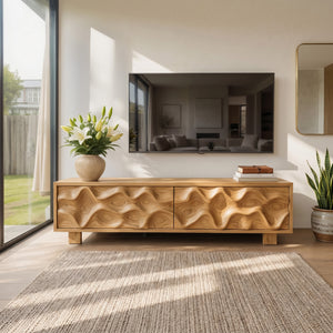 Hand Carved TV Stand With Wave Design For Living Room