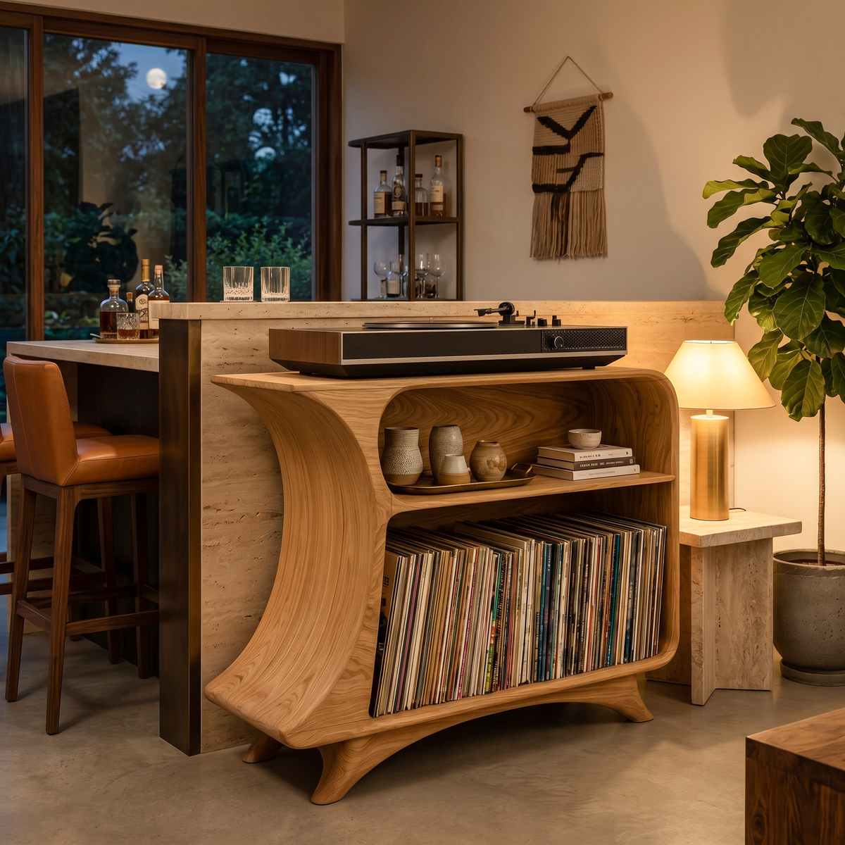 Modern Record Player Stand With 2 Tiers Storage For Living