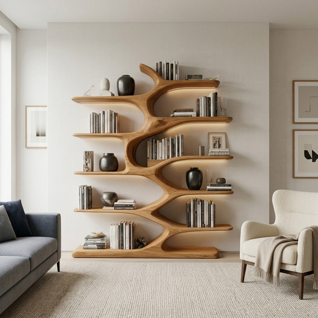 Modern Sculptural Bookshelf With Organic Design For Living Room