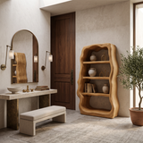 Rustic Sculptural Wooden Bookshelf With Carved Frame For Living Room Or Library