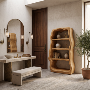 Rustic Sculptural Wooden Bookshelf With Carved Frame For Living Room Or Library