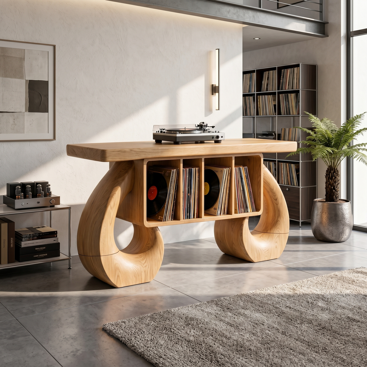 Sculptural Loop Record Player Console Contemporary Interior