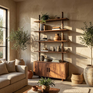 Mid Century Wooden Bookcase With Closed Storage For Living