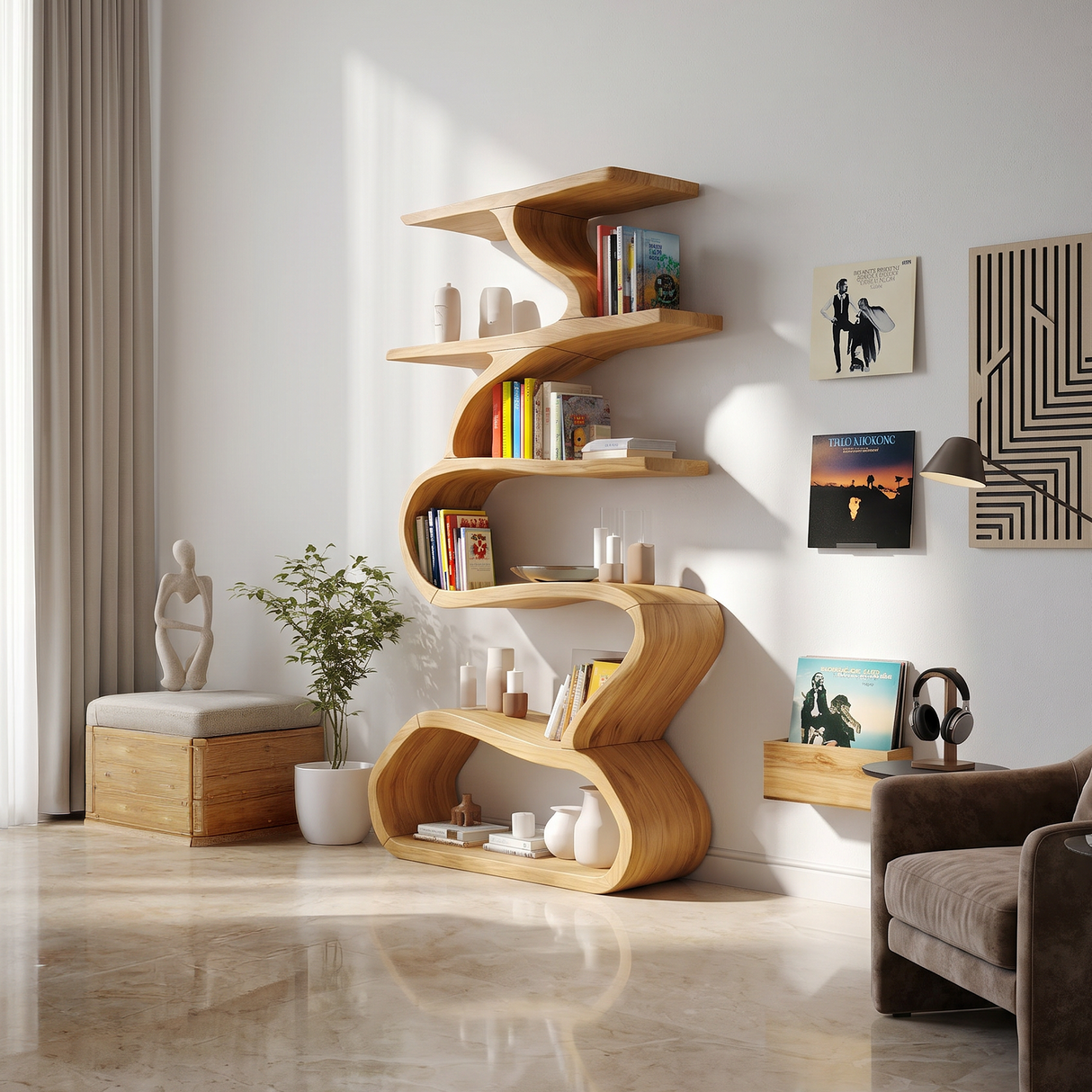 Organic Wooden Wall Bookshelf With Flowing Curves