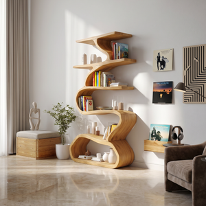 Organic Wooden Wall Bookshelf With Flowing Curves
