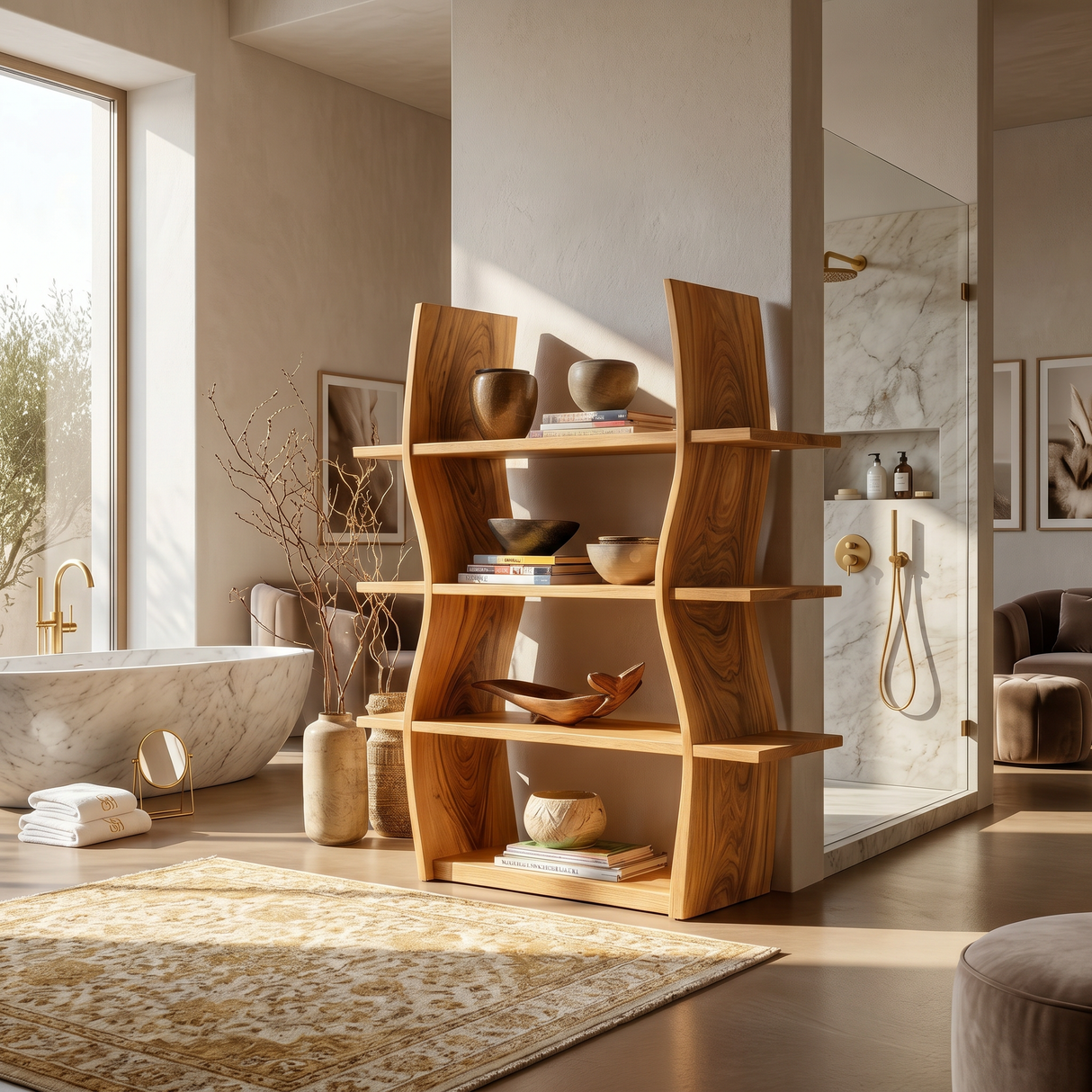 Elegant Wooden Storage Shelf In Wave Design