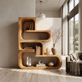 Contemporary Wave Edge Wooden Bookcase In Natural Finish