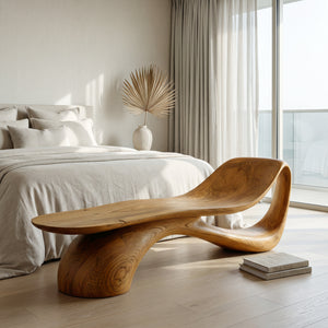 Modern Wooden Bench With Curved Sculptural For Living Decor