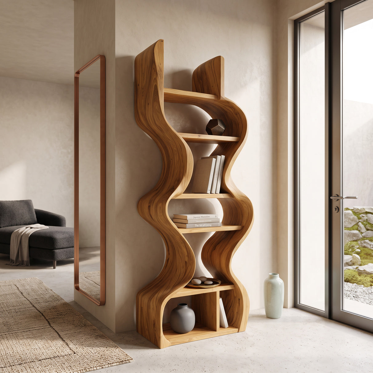 Organic Solid Wood Wall Bookcase For Modern Entryway