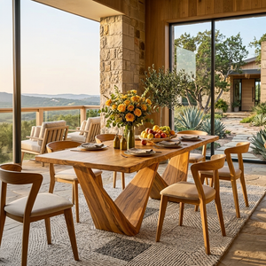 Farmhouse Wooden Dining Table With Statement Base For Interior