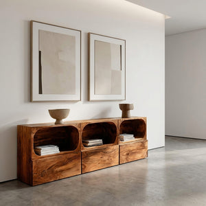 Minimal Wooden Sideboard With Rounded Edge Shelf For Living
