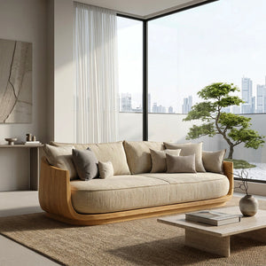 Modern Wooden Sofa With Flowing Rounded Edges For Home