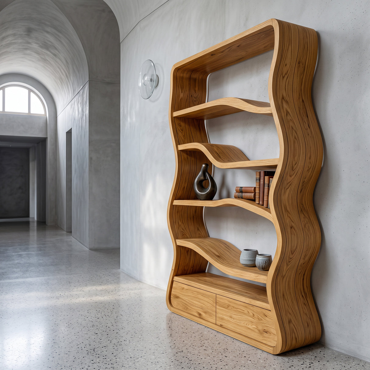 Modern Curved Wooden Bookshelf For Living Room