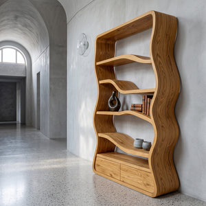 Modern Curved Wooden Bookshelf For Living Room