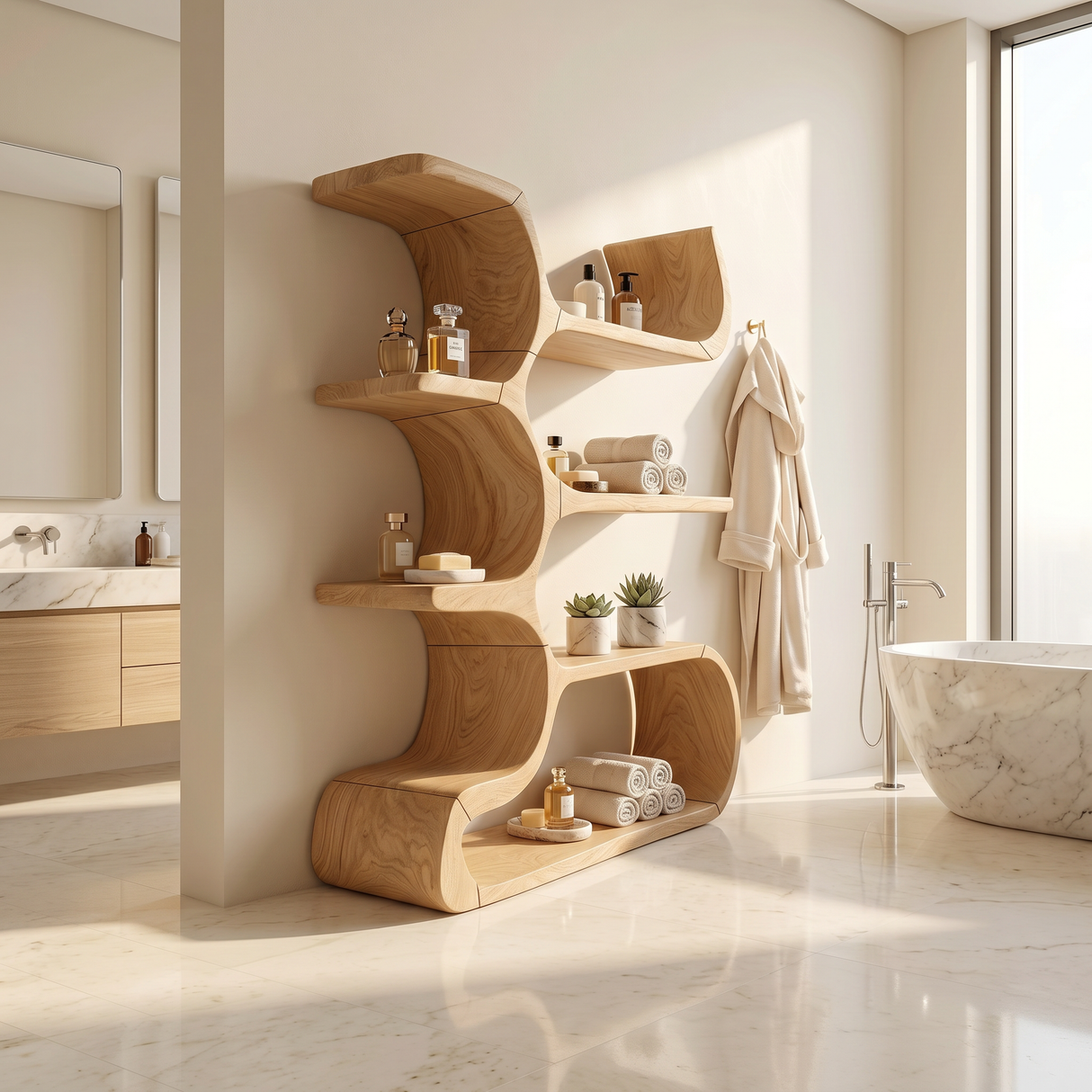 Contemporary Wooden Bookcase In Sculpted Curves