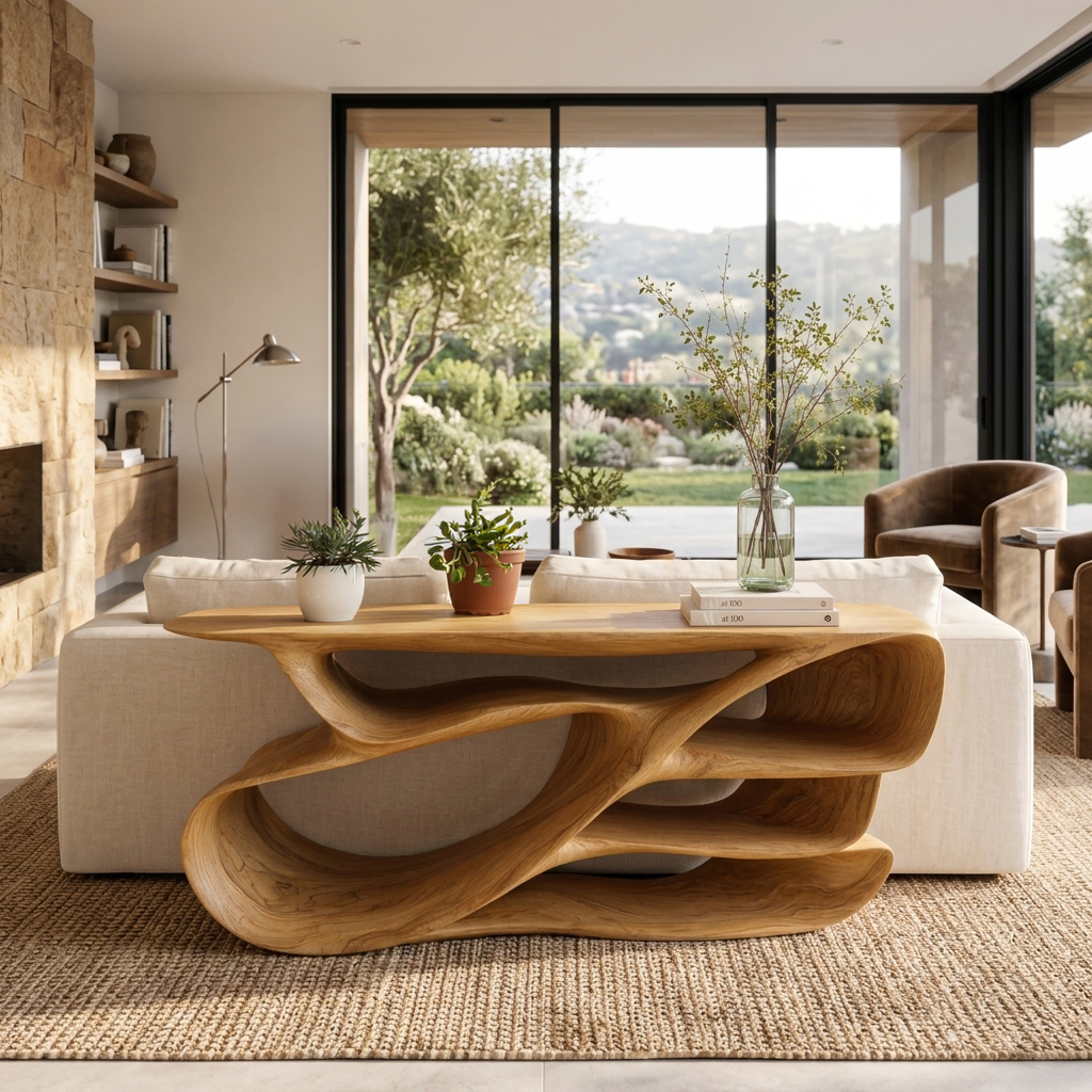 Organic Wooden Console Table With Hollow Compartments For Living Decor